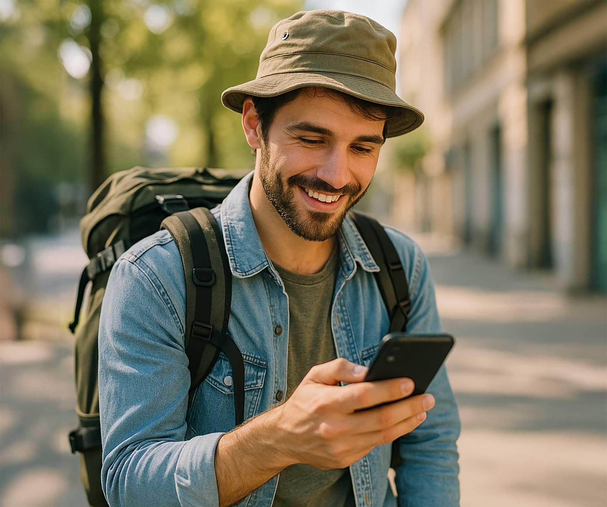 traveller with backpack using phone